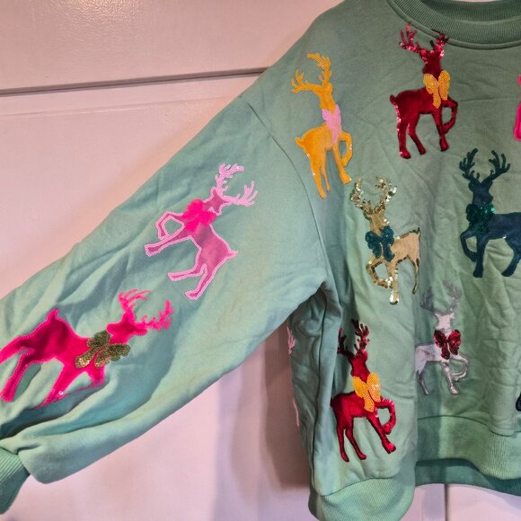 Queen of Sparkles Mint Green Sweatshirt With Velvet Reindeer & Bows - Picture 2 of 7